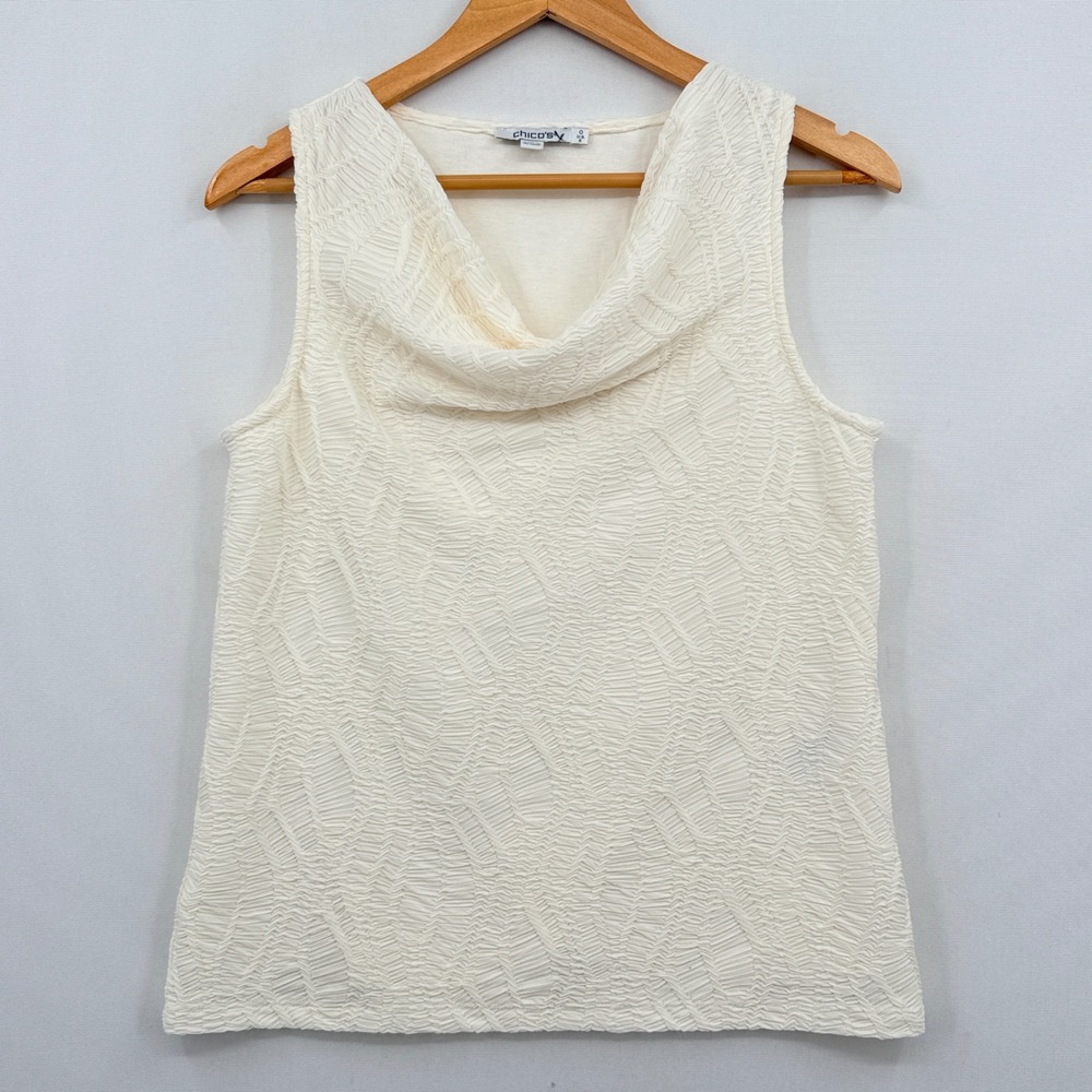 Chico's Cowl Neck Top Womens 0 Small Ivory Textured Sleeveless Quiet Luxury